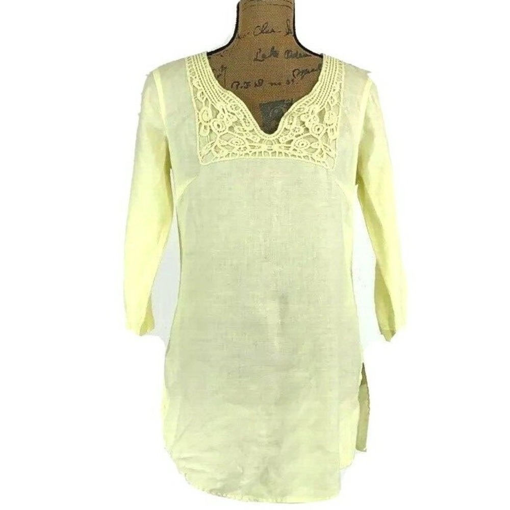 Malvin Tunic Linen 8 Pastel Yellow Crochet Yoke Top Long Shirt 3/4 Sl Side Split
